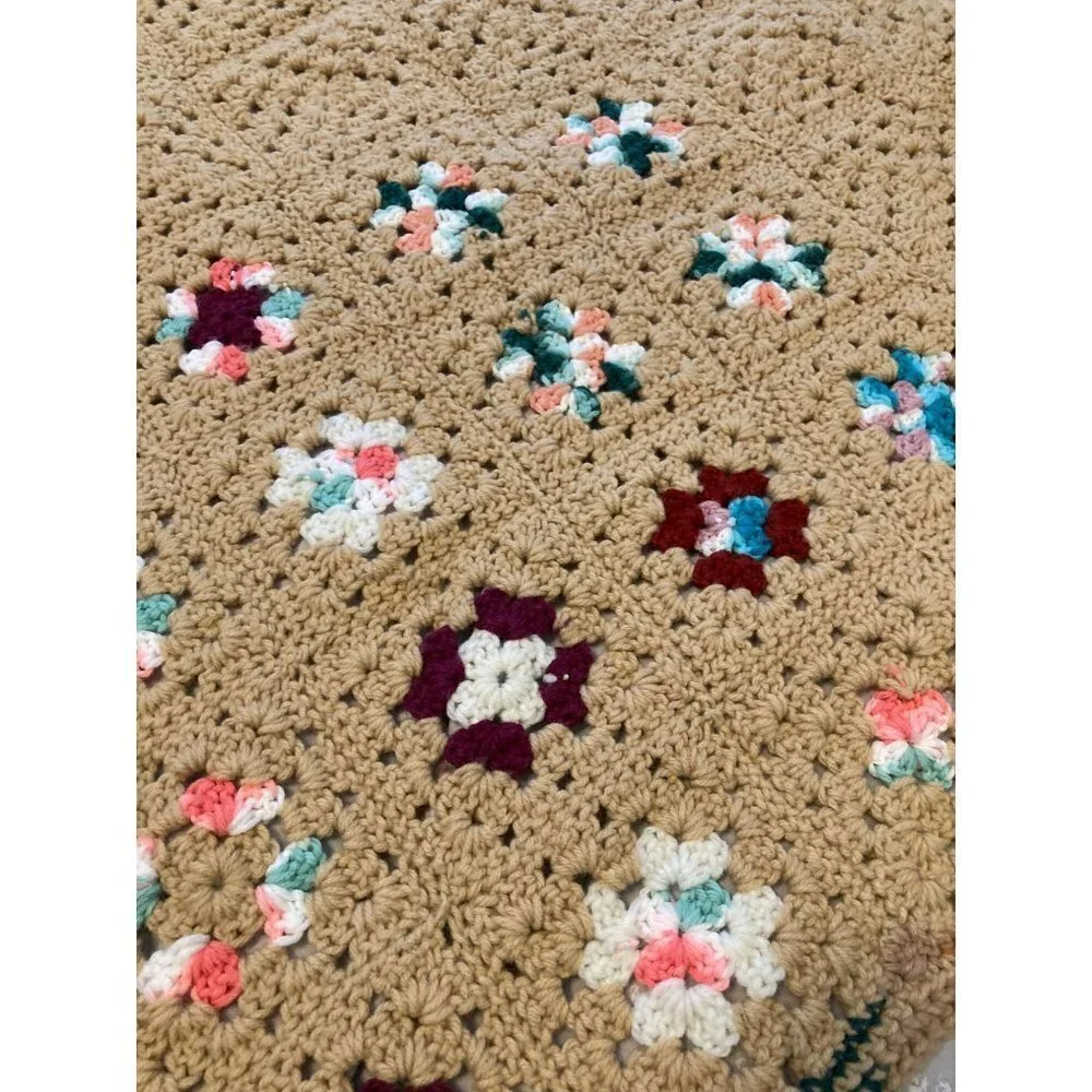 Handmade Granny Square Crocheted Blanket‎ Tan w Multicolored Squares 50 x 60